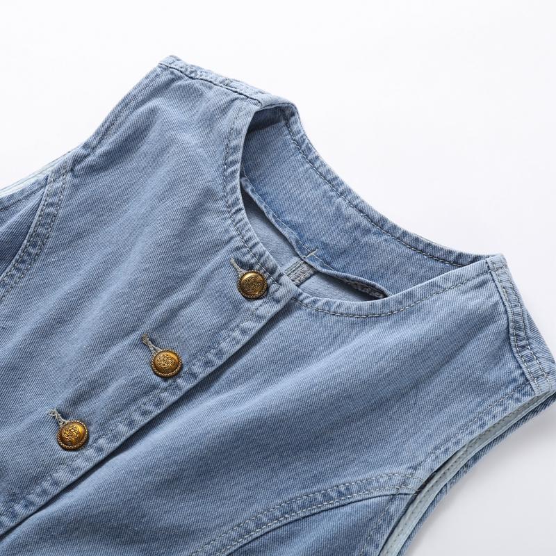 Fashion Button Denim Vest Women's Round Neck Sleeveless Solid Color Jacket Temperament Casual Vest Commute Harajuku Style Spring and Summer New