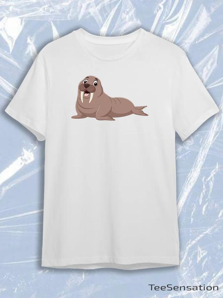 TeeSensation White Crew Neck Short Sleeve T-Shirt with Cute Smiling Cartoon Walrus Tusks Flat Illustration Print