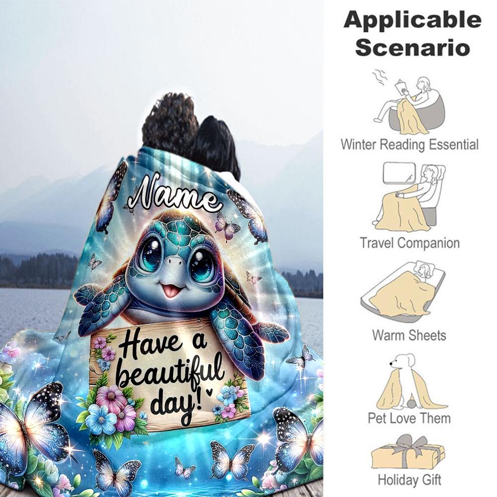 Turtle Butterfly Customize Text Blanket Lightweight Personalized Blanket Warmthful Decor Throw For Sofa Picnics Chair Office Chair All-Season Use