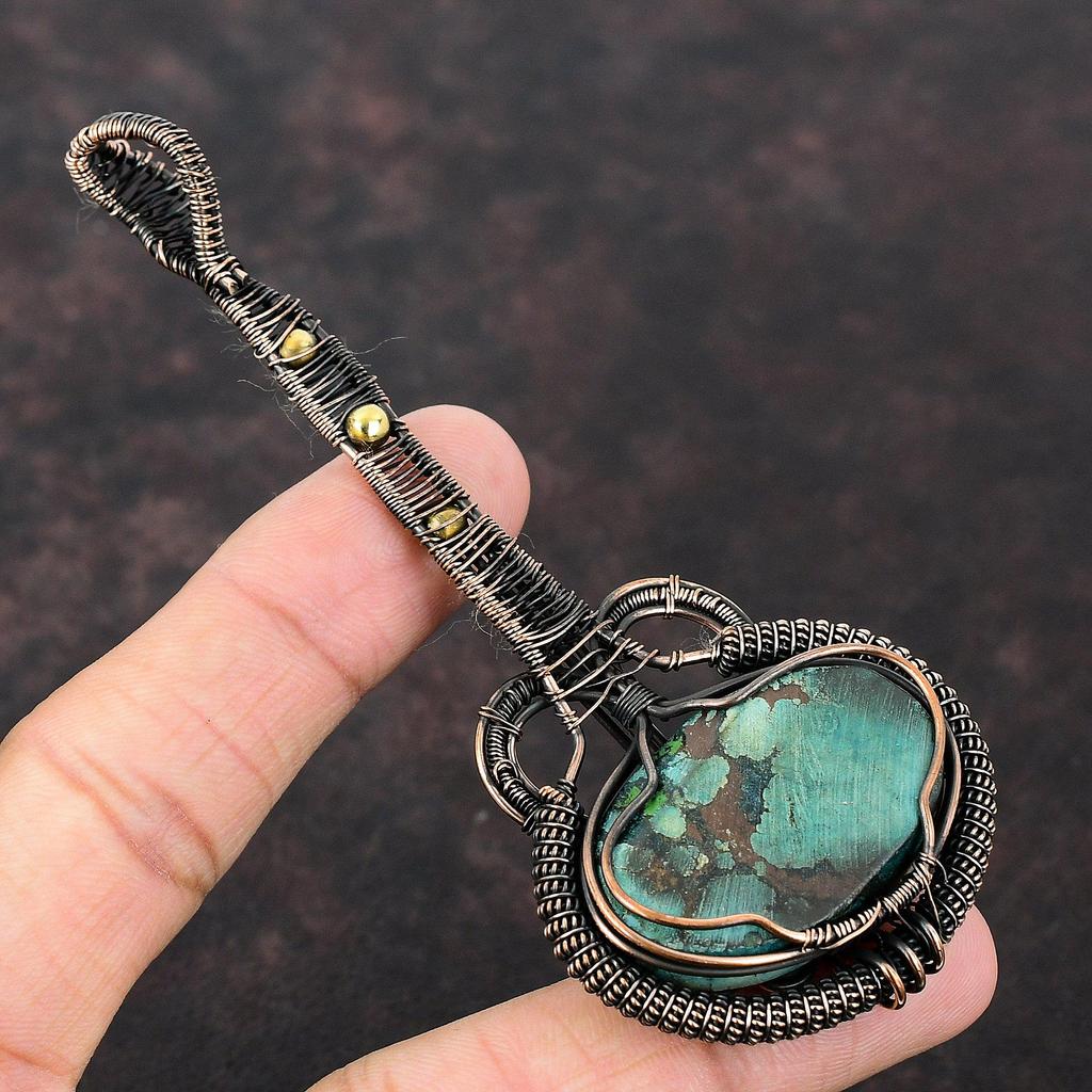 Подвеска из тибетской бирюзы, обернутая медной проволокой, Подвеска ручной работы, Медные украшения, Подвеска в виде гитары, Подарок для него, Украшения из натуральных драгоценных камней