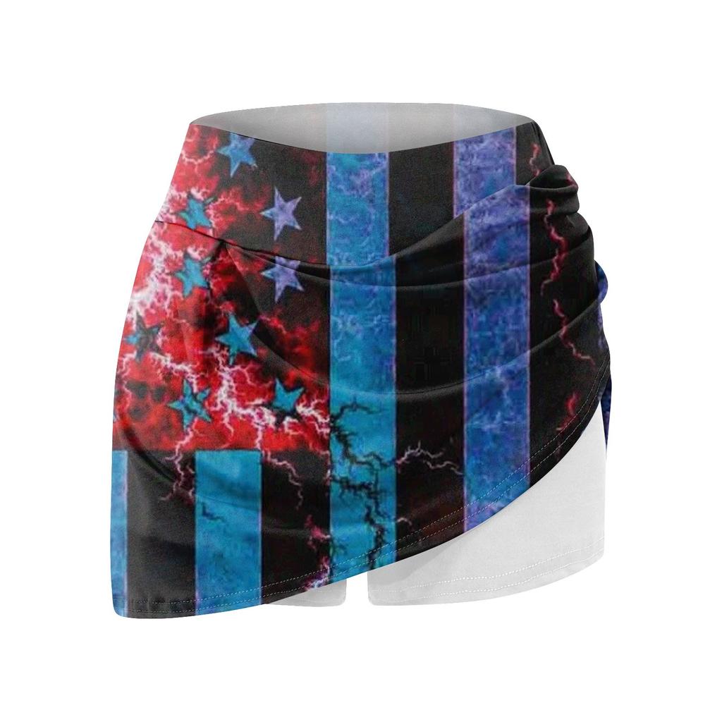 Women's Summer Casual Sports Fitness Running Yoga Tennis Skirt Independence Day Printed Pleated Skirt Shorts