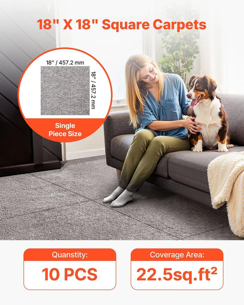 Carpet Tiles 457x457 mm, 10 Pack Carpet Square Rug Detachable & Damage-free, Self Adhesive Home Floor Soft Plush Padded for 2.1 Coverage, Easy DIY for