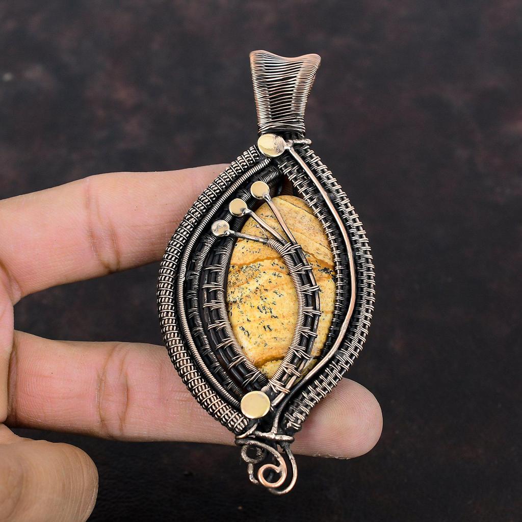 Подвеска из яшмы-картины, обернутая медной проволокой, Подвеска из драгоценного камня, Медные украшения, Подвеска в уникальном стиле, Украшения ручной работы, Подарок для женщин