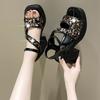Fashion Platform Sandals for Women Black Sequins Block Woman Shoes Heel Summer 2025 Offers New Breathable Fashion Luxury Vip Korea Sale