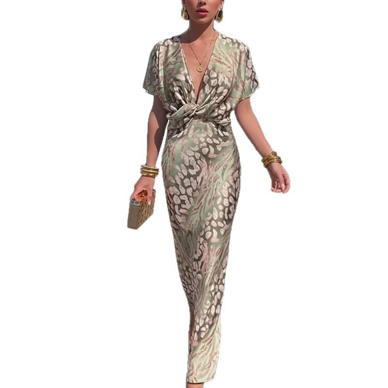 Elegant V-Neck Printed Long Dress 2026 Slim Fit Party Women