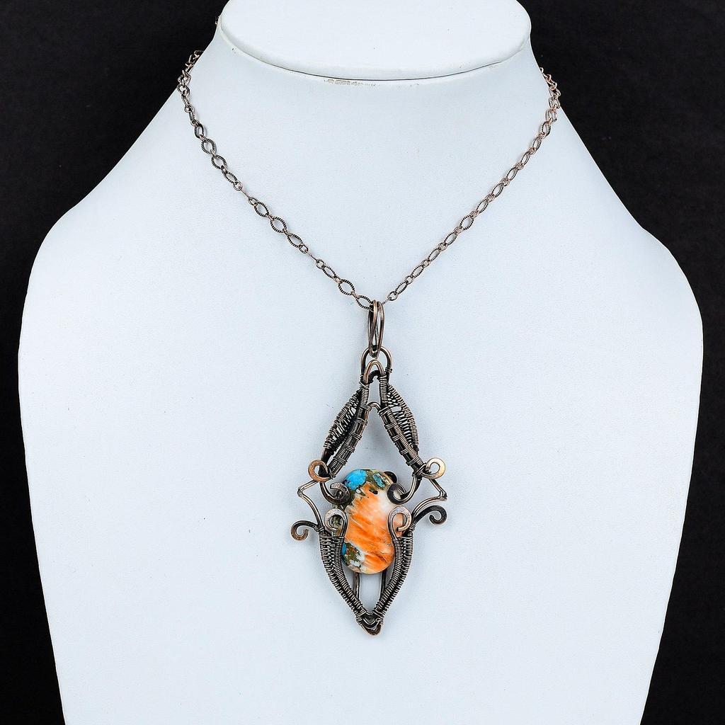 Подвеска из колючей устрицы и медной бирюзы, обернутая медной проволокой, украшения ручной работы, оригинальная подвеска с драгоценным камнем, медные украшения, подарок для мамы