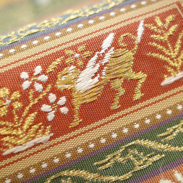 Used [] Fukuro Obi Recycled Kyoto Nishijin Kawamura Orimono Pure Silk Silk Hand Woven Eisho Tsuzuri Tsureori Ancient Western Text Gold Thread Silver