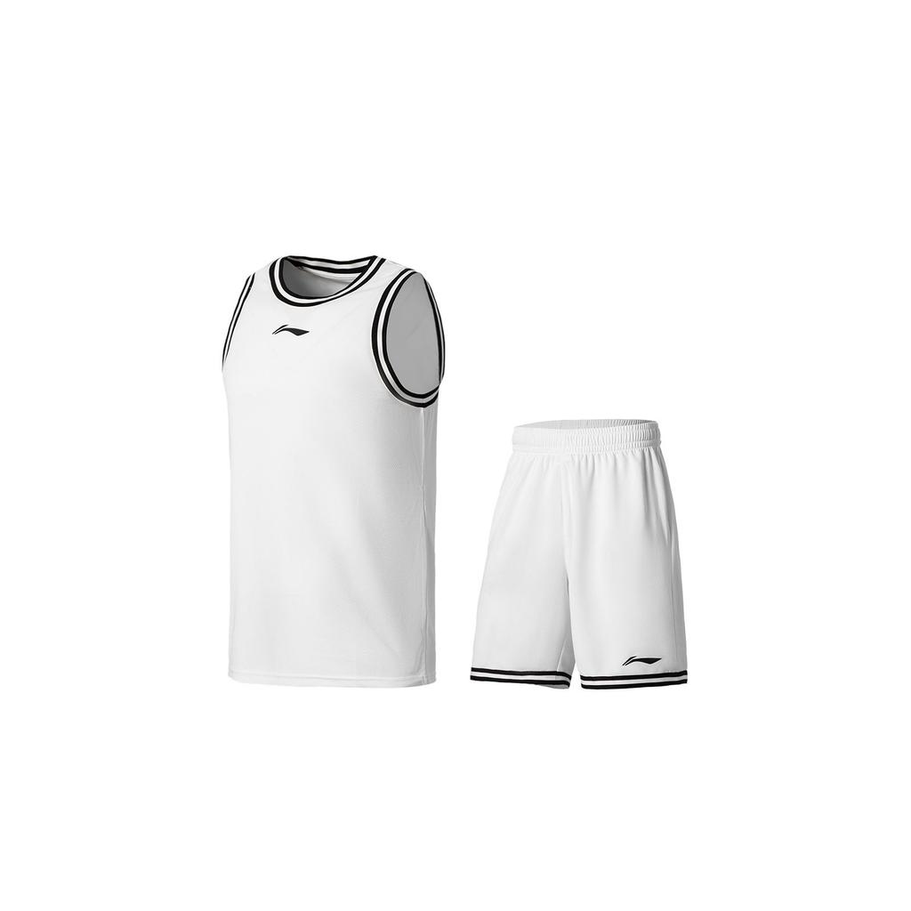 Li Ning Sports Basketball Series Color Block Brand Logo Loose Casual Basketball Suit Men Sportswear White AATT037-3