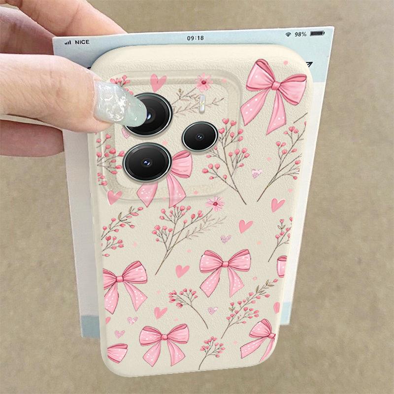 Чехол с цветочным узором и розовыми бантами для Xiaomi 14T 13T 11T Pro Funda Redmi Note 14 13 12 11 Pro 5G 4G Силиконовая крышка с текстурой кожи