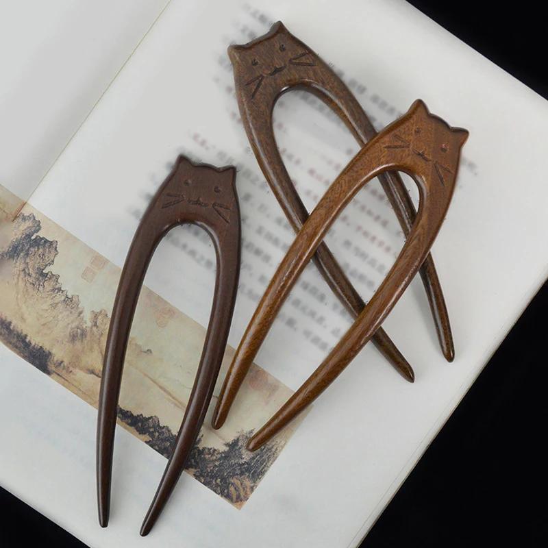 Заколка для волос кошка, заколка из сандалового дерева, аксессуары для волос, аксессуары для ханьфу, заплетенные волосы, простые кисточки в стиле древности