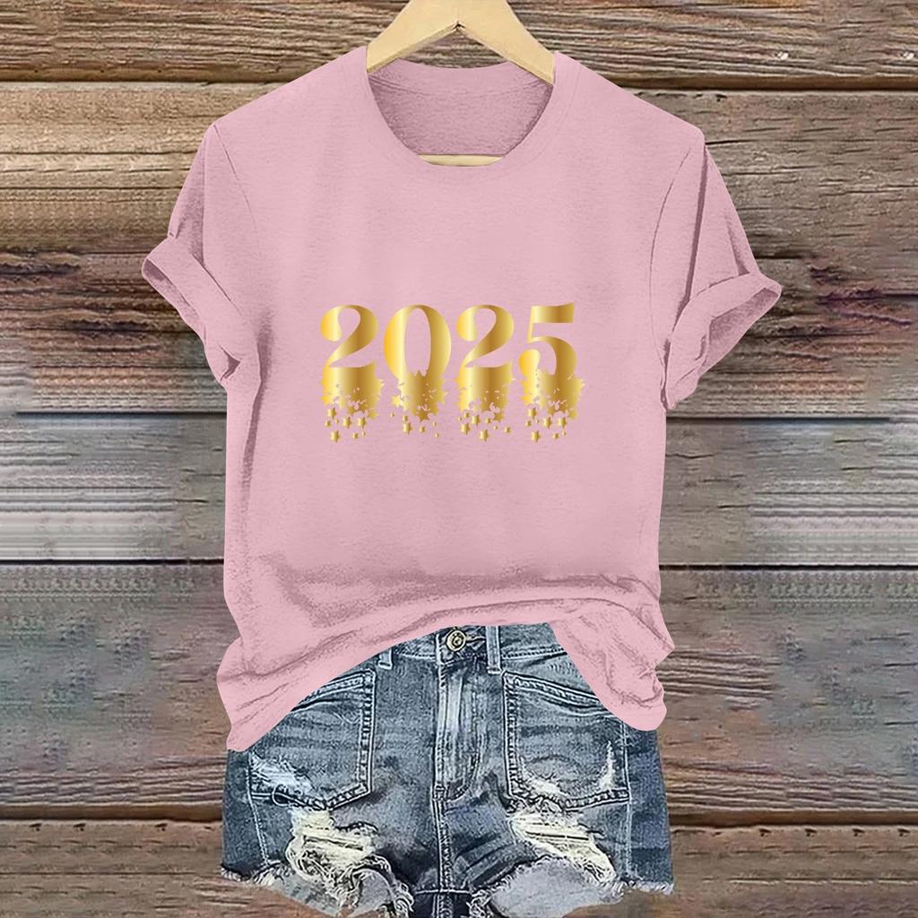 Ladies Casual 2025 New Year Printed Round Neck Short Sleeve T-Shirt Top