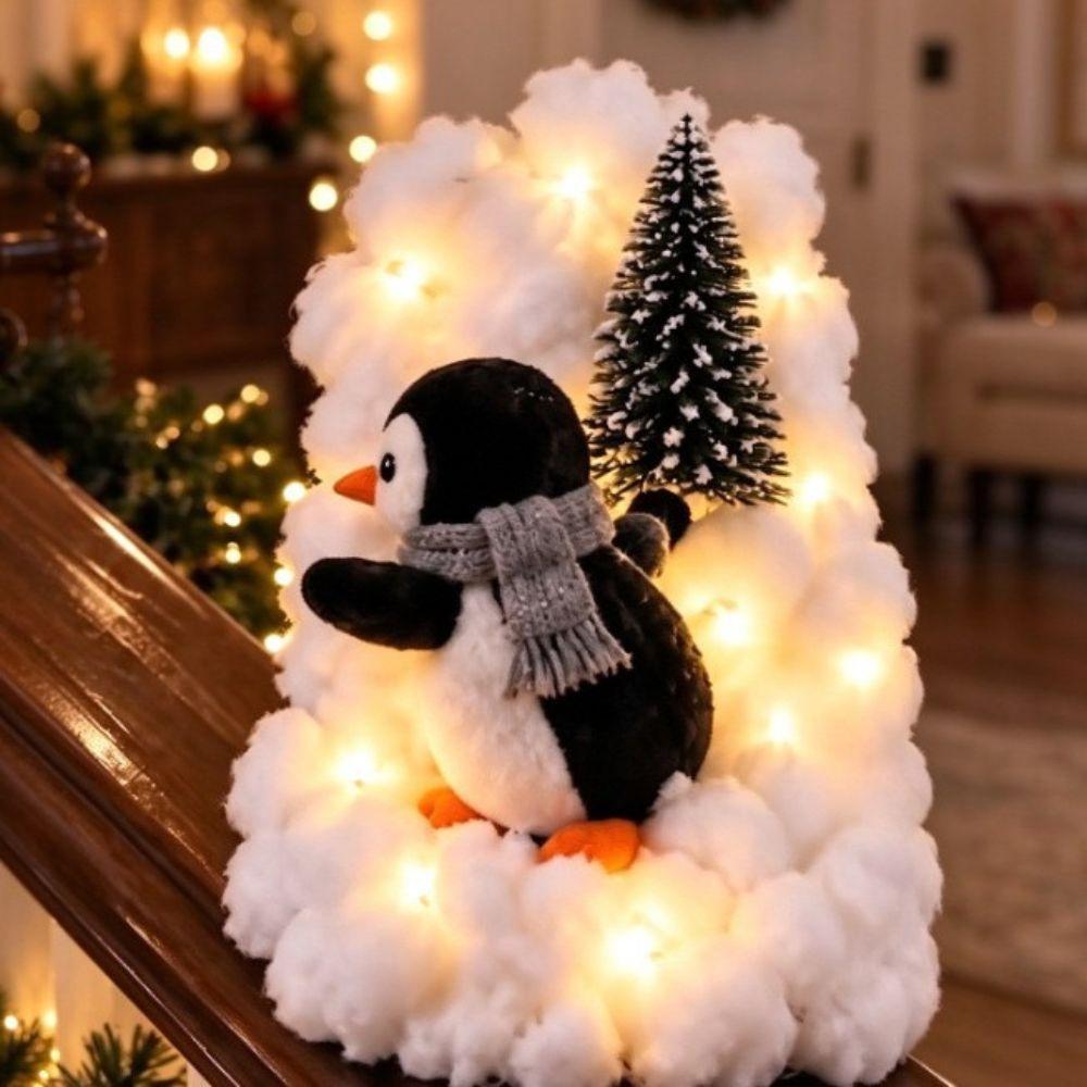 40*20cm Christmas Stair Snow Decor Illuminating Penguin Christmas Decorative Lights Modular Assembly Cotton-like Snow Texture