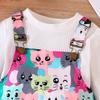 Girls' Autumn New Solid Color Pit Stripe Long Sleeve Top+Cute Contrast Cartoon Print Strap Dress Set