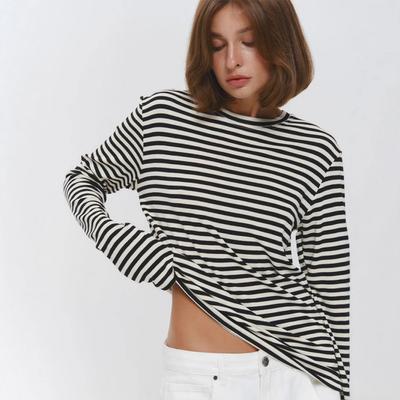 Новая полосатая футболка с длинным рукавом 2026, базовая футболка slim-fit с круглым вырезом для женщин, повседневная футболка
