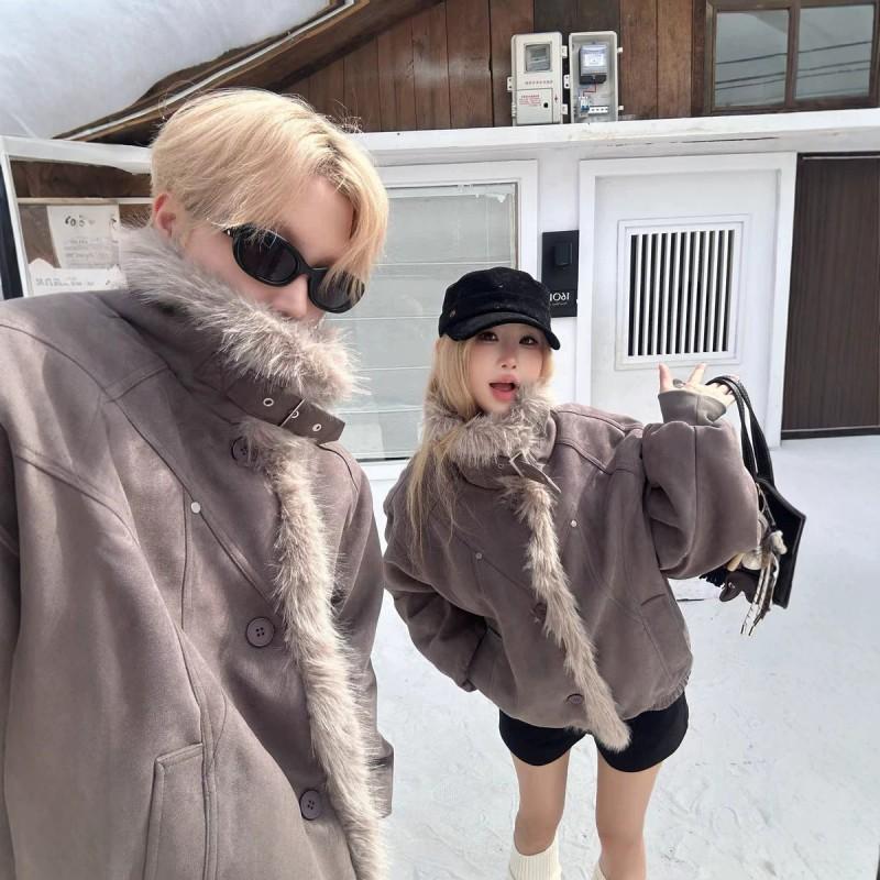 Unisex Winter Puffer Jacket With Faux Suede Finish High Collar Fleece-Lined Hoodless Coat Men Women