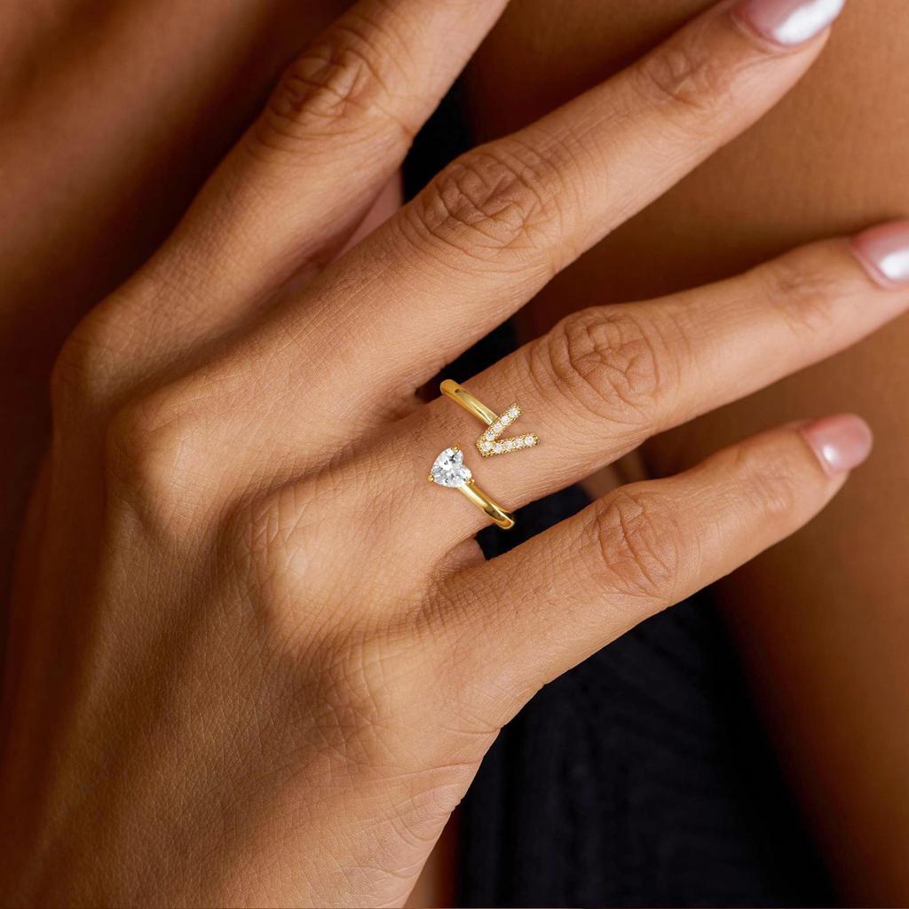 Gold Color A-Z Initial Letter Adjustable Ring for Women Girl Luxury Heart Zircon Fashion Jewelry Wedding Party Gift
