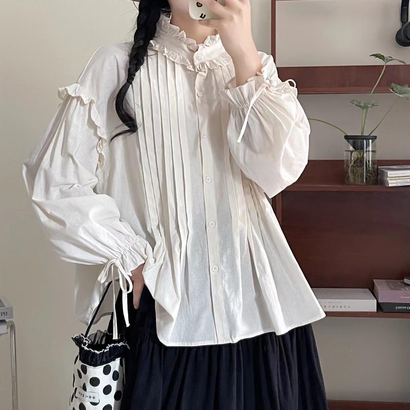 Johnature Рубашка с отделкой в виде грибка, рубашка в стиле ретро со складками и шнуровкой, весенние рубашки из японского хлопка