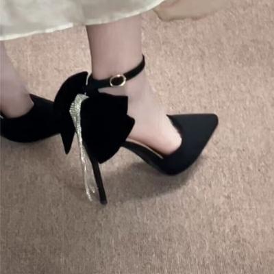 Женские туфли на тонком каблуке Осень Новые Остроносые С мелким вырезом Замшевые С бантом-бабочкой Противоскользящие Износостойкие Туфли на высоком каблуке