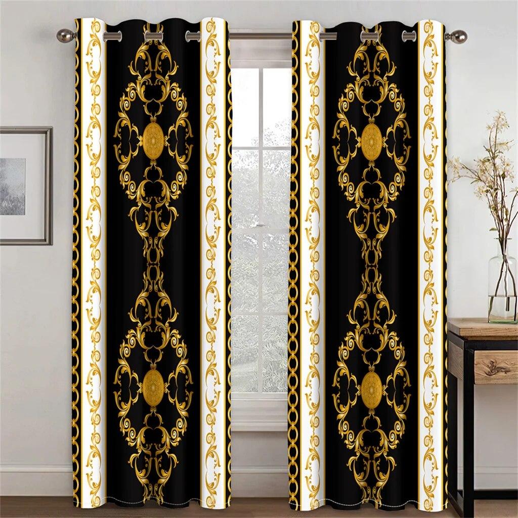 3D Modern Luxury Brand Design Baroque Black Gold 2 Pieces Thin Shading Window Curtain For Living Room Bedroom Decor Rod Pocket