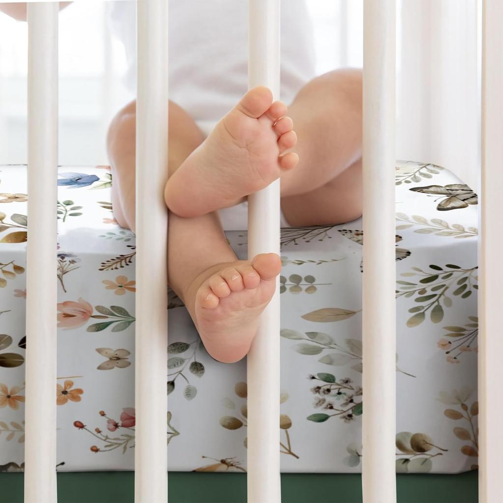 Ретро Бохо Цветочный Листья Бабочки Детская Простыня 52''x28'' Ботанический Сад Весна Эластичный Натяжной Наматрасник для Детской Кроватки для Мальчика Девочки Растения Мягкий