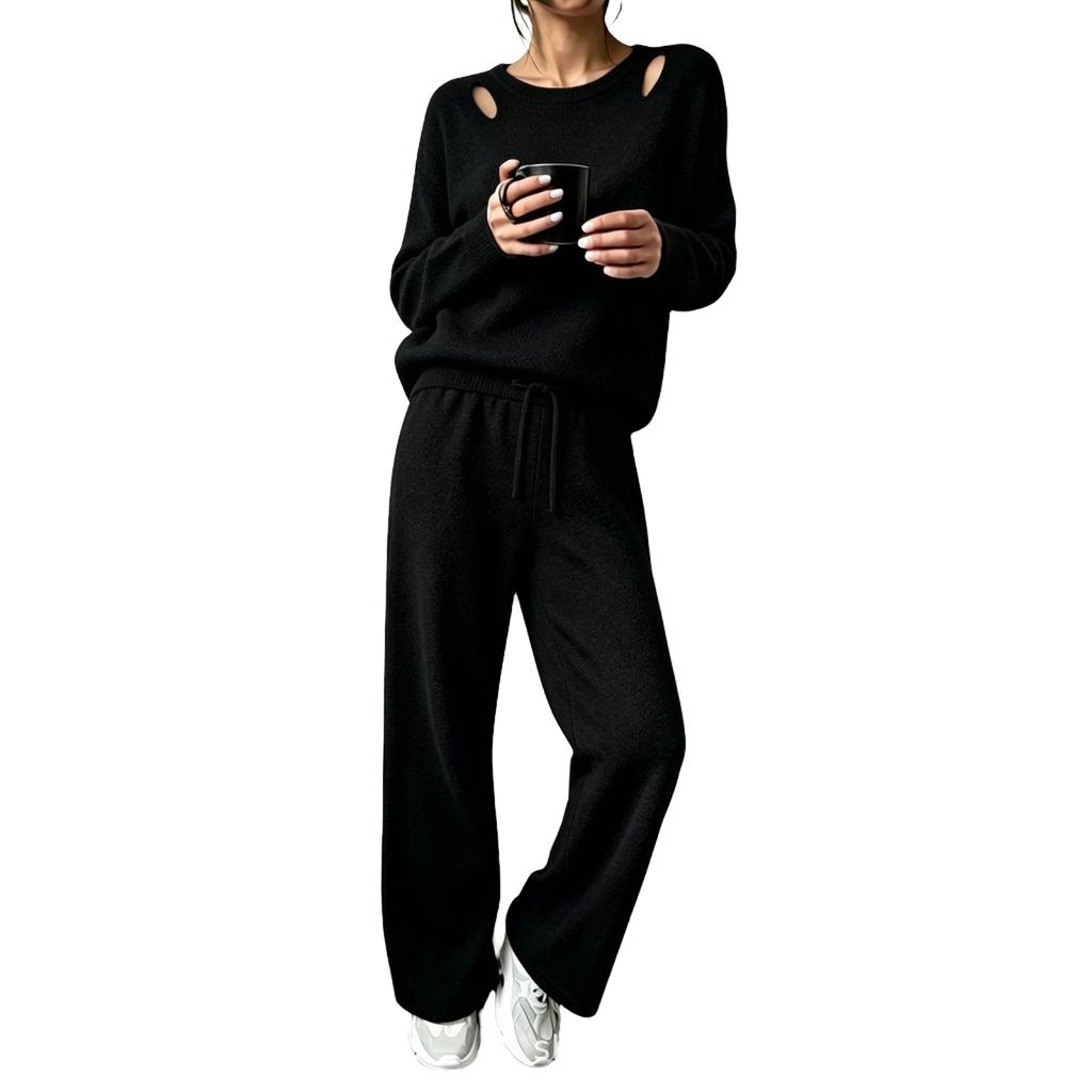 Women's Cutout Off-the-Shoulder Long Sleeve Knit Two-Piece Set for Casual Wear