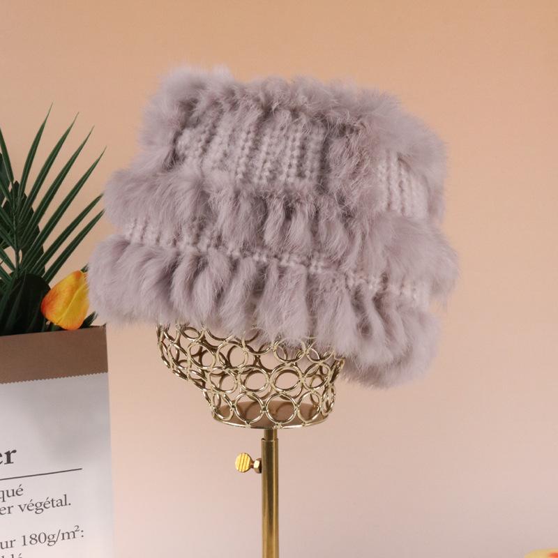 Winter Rabbit Fur Hat Female Face Small Versatile Hairy Bucket Hat Plush Knitted Wool Hat