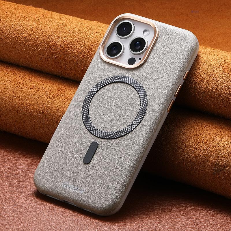 Suitable for Apple 17 Pro Max phone case with lychee pattern magnetic suction, full protection for iPhone 16, anti-drop for 15, electroplated leather