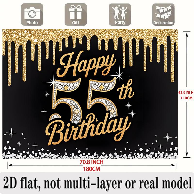 55th Birthday Banner, Golden Dripping Glitter Backdrop Wall Decor for Party