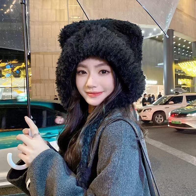 Новая зимняя шапка корейской версии, симпатичная, утолщенная, пушистая, с медвежьими ушками, защитная шапка с кошачьими ушками, теплая, со шнуровкой, термошапка