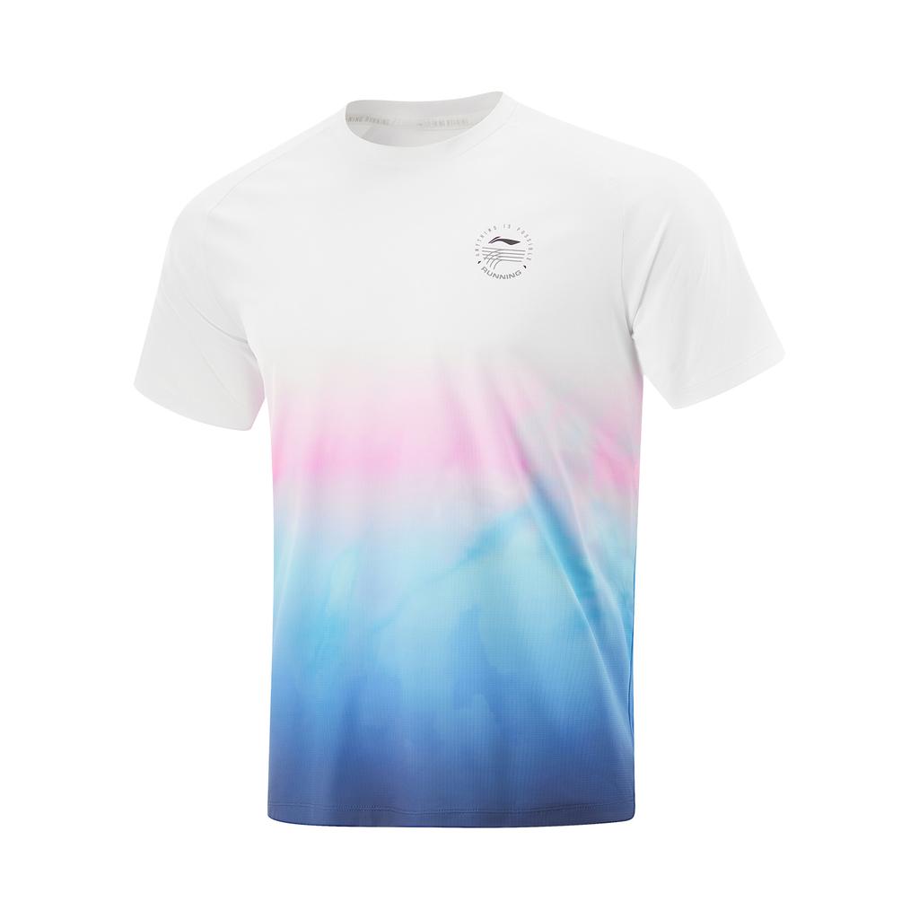 Li Ning Running Series Sport Casual Gradient Simple Round Neck Pullover Short Sleeve T-Shirt Men Tops Standard-White Sky-Blue Cool-Purple ATSV091-1