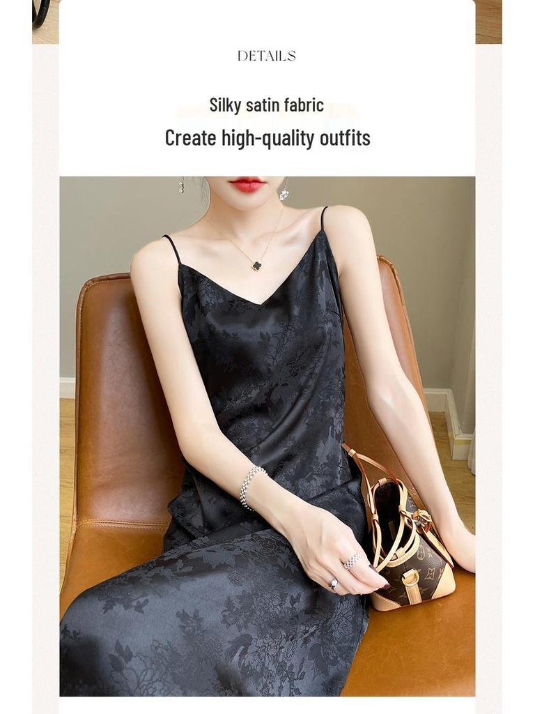 Женское платье из жаккардового сатина с V-образным вырезом и бретелями-спагетти - Приталенное, Высококлассный французский дизайн для весны/лета