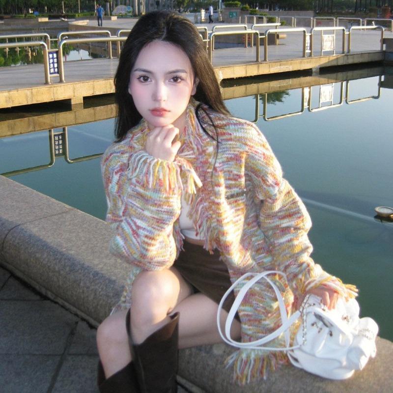 Sweater Cardigan Women Autumn and Winter 2023 Design Feeling Small Colorful Tassel Sweater Loose Mid Length Cardigan Women