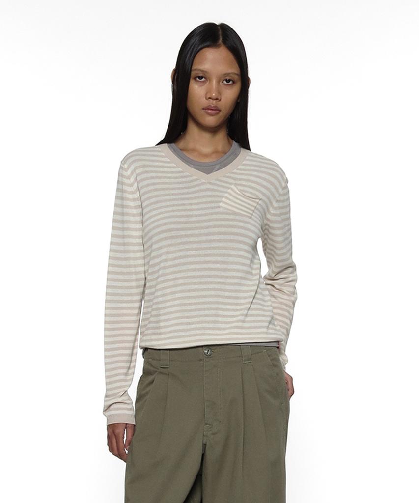 PARTIMENTO WOMEN Pwc Sheer V-Neck Knit Sweater_Beige Stripe