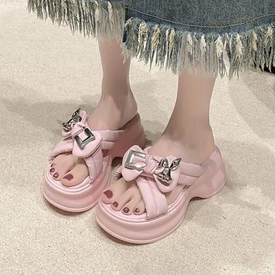 Женские шлепанцы с бантом на плоской подошве, женские летние шлепанцы 2024 года, женские мюли на толстой подошве, модные повседневные удобные шлепанцы для активного отдыха