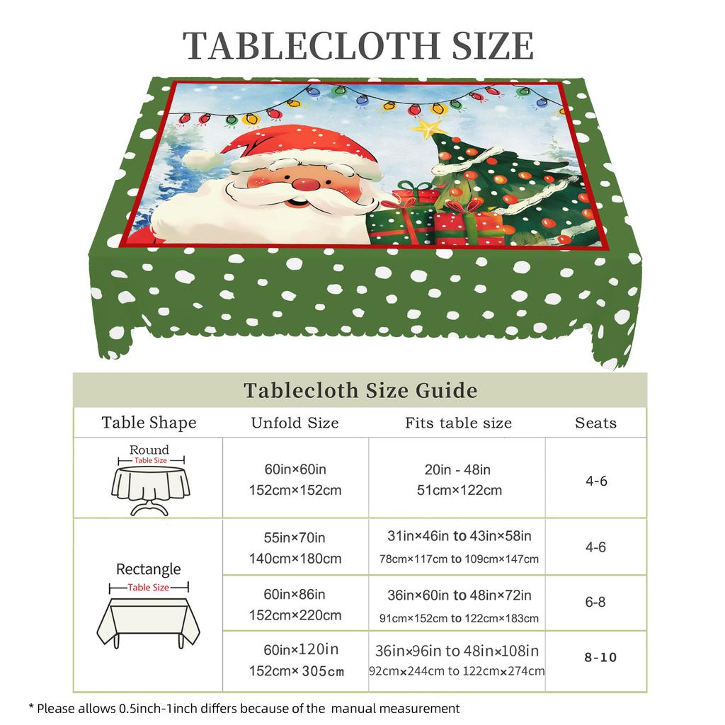 1 штука рождественской круглой и прямоугольной скатерти, различных размеров, с принтом Санта-Клауса и рождественской елки, зеленая скатерть в зеленый горошек, S