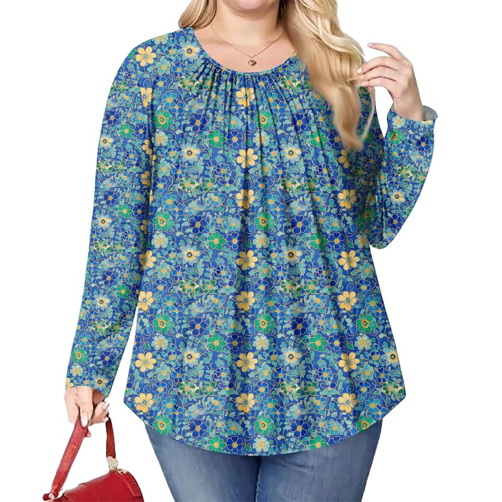 Women's Plus Size Fashion Printed Casual Pleated Round Neck Long Sleeve Top
