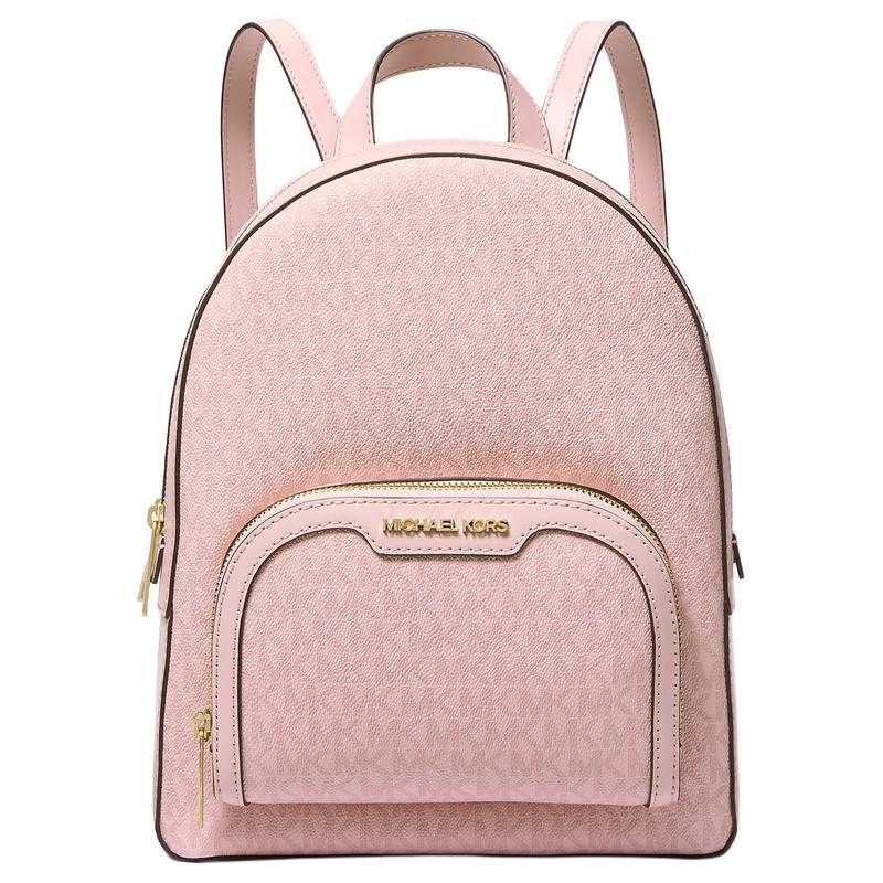 MICHAEL KORS Jaycee Brand Print Gold Hardware Faux Leather Backpack Medium Women's Light Pink