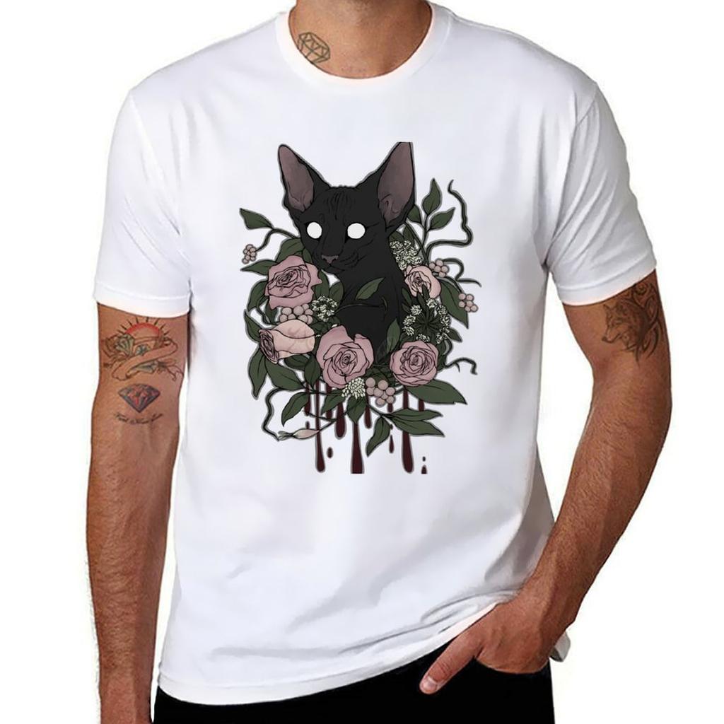 Dark Floral Feline TShirt Basic Solid Color Short Sleeve Cotton Top