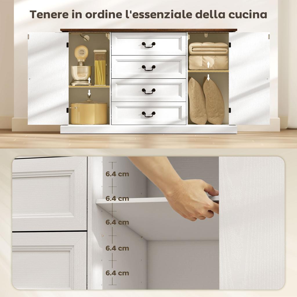 Kitchen Cupboard Vintage Style with 4 Drawers and 2 Cabinets with Adjustable Shelves, 147x40x87, White Wood