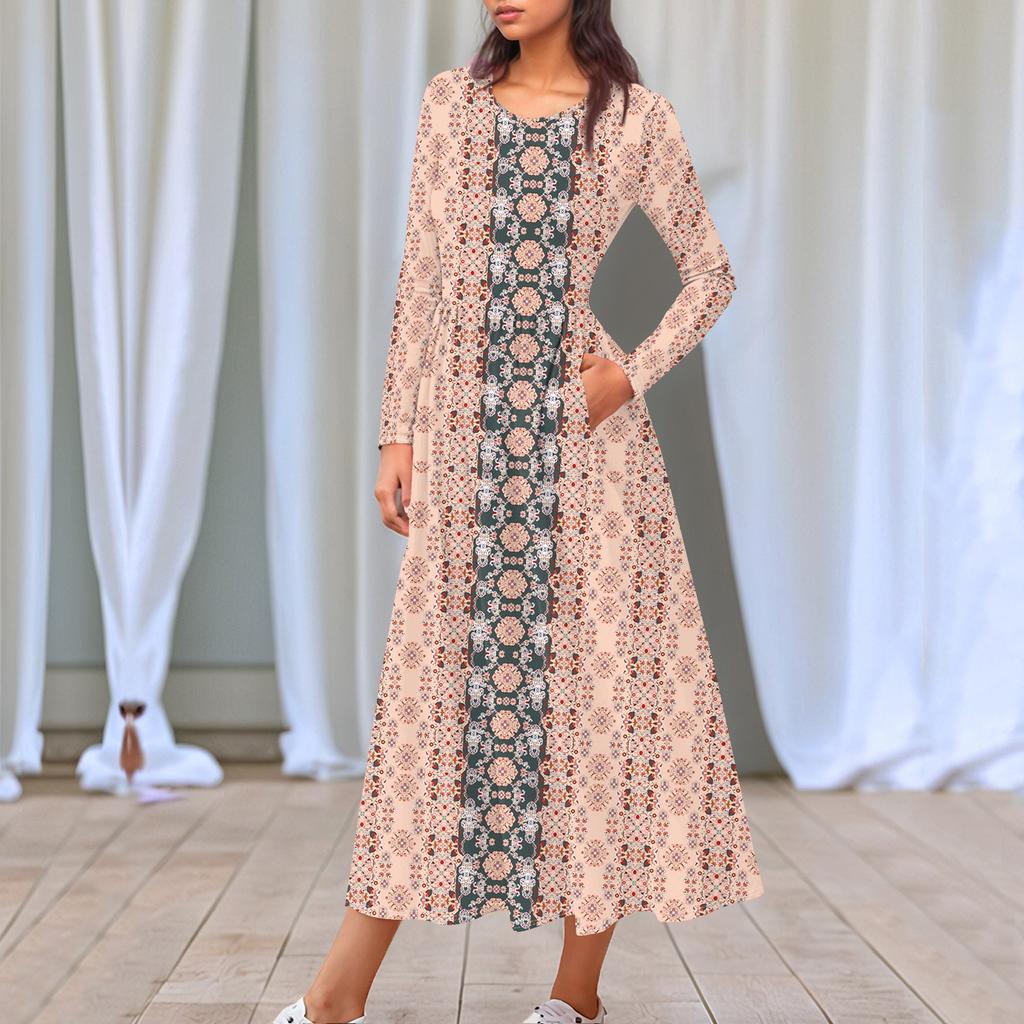 Женское платье миди в стиле бохо с цветочным принтом, повседневное, с длинным рукавом, струящиеся платья со сборками и карманом, лето и весна