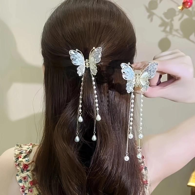 1PC Zinc Alloy Rhinestone Butterfly Hair Ornament, Elegant and Delicate Imitation Pearl Headdress, High-end Retro Hair Clip, Sui