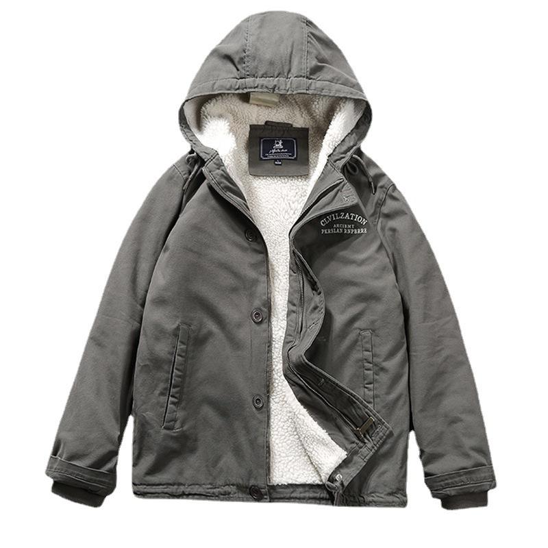 Winter New Men's Lamb Wool Jacket Tooling Cotton-padded Jacket Middle-aged and Young People Large Size Hooded Fleece Thickened Cotton-padded Jacket