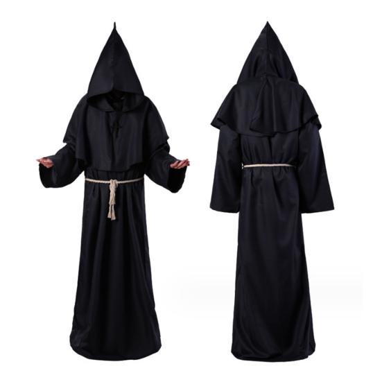 4Pcs/Set Halloween Cloak Costume Medieval Monk Robe Wizard Cosplay Dance Fabric Cape with Strong Drape Big Hat Necklace Waist Rope