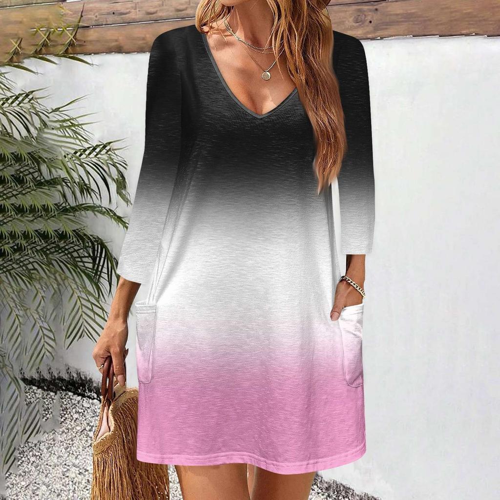 Women's Casual And Fashionable V-neck Gradient Printed Pocket 3/4 Sleeve Loose Fitting Dress