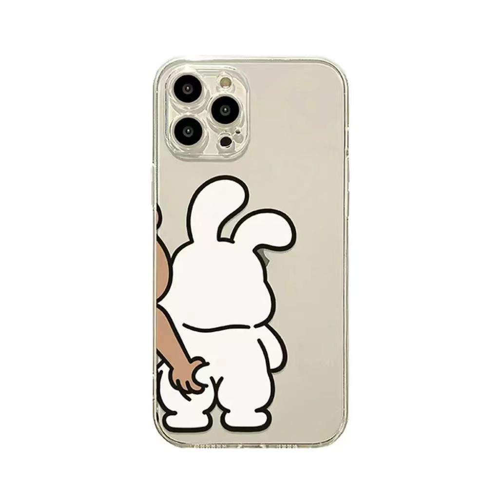 Забавный чехол для телефона с парой кролик-медведь для IPhone 13 14 15 12 11 Pro Max Mini X XR XS MAX 7 8Plus SE2 Милое животное Прозрачная парная крышка