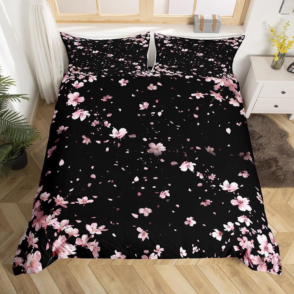 Пододеяльник Розовый Цвет Сакуры Твин Кинг, Японские Цветы Цветение Романтический Цветочный Постельный Комплект, Фермерский Дом Лепестки Чехол для Одеяла