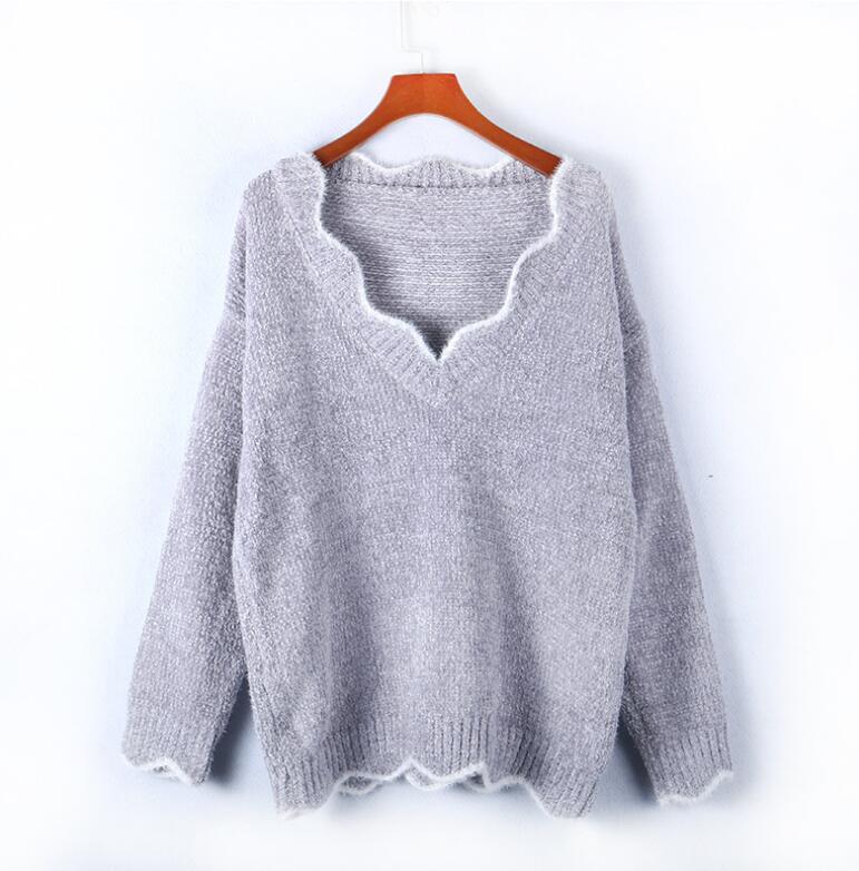 Новый женский вязаный однотонный свитер с длинным рукавом, простой свободный модный повседневный пуловер, осень-зима, шикарный свитер с v-образным вырезом