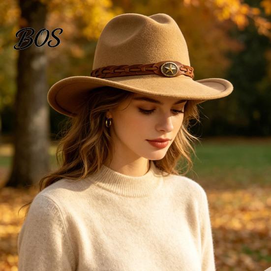Elegant Fedora for Daily Use Unisex Western Cowboy Hat, Wool Felt Hat with Faux Leather Outdoor Travel Band, Retro Wide Brim Cowgirl Men Women Fashion