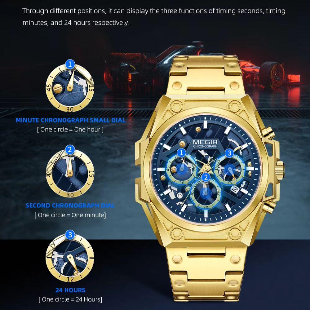 MEGIR Original Man Sports Military Wristwatch Stainless Steel Luxury Men's Quartz Watches Waterproof Chronograph Clock 4220