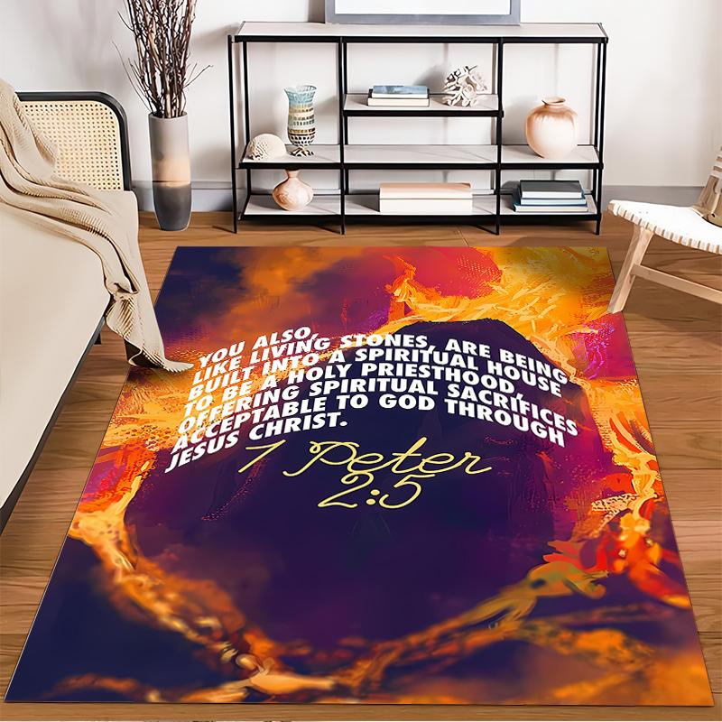 "Spiritual Verse with Fiery Background Rug" Non-slip rug suitable for living room and bedroom sofas.